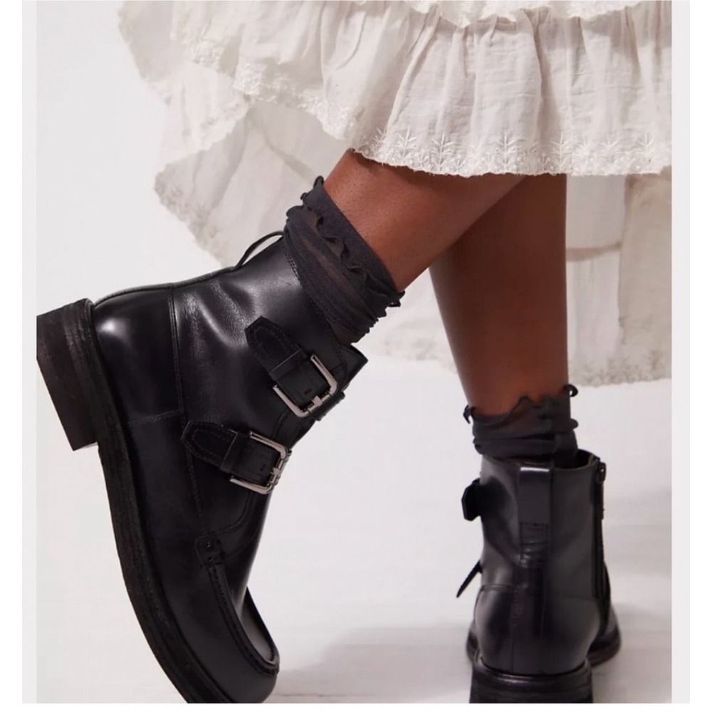 Free People Isla Moto Boots Women 8.5 Black Leather Buckle NWT Whimsigoth Grunge